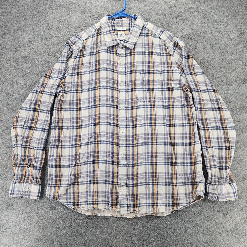 GAP Button Up Shirt Mens XL Button Up Long Sleeve White Blue Plaid